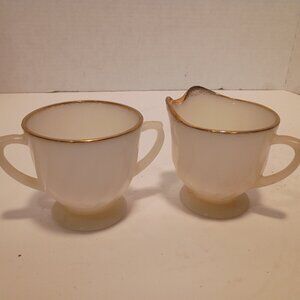 Vintage Anchor Hocking FIRE KING Oven Ware Milk Glass Sugar & Creamer  Gold Trim